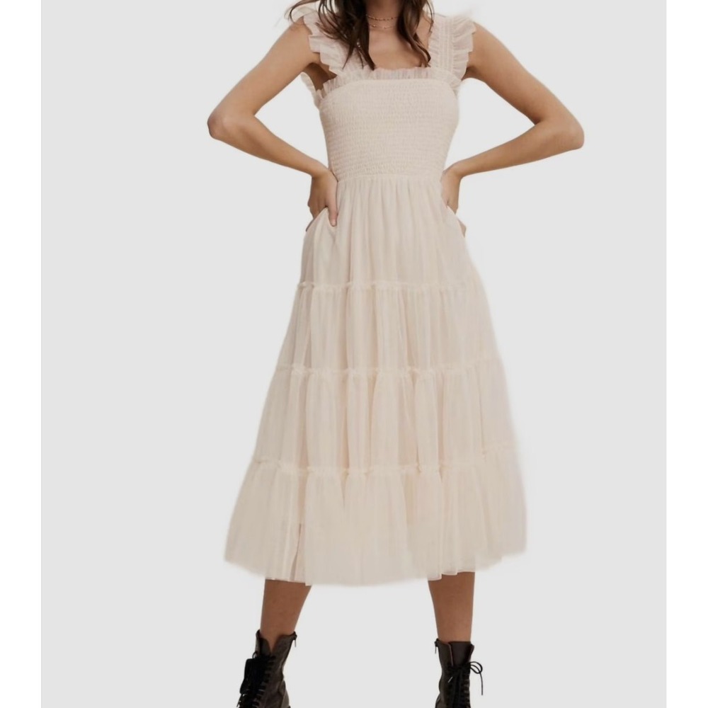 Listicle Tiered Tulle Midi Dress Bone Womens Small Coquette Fairy Soft Girl NEW